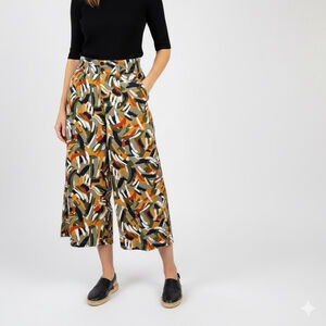 Multi Coloured Brush Stroke Patterned Wide Leg Cropped Cotton Pants Size S